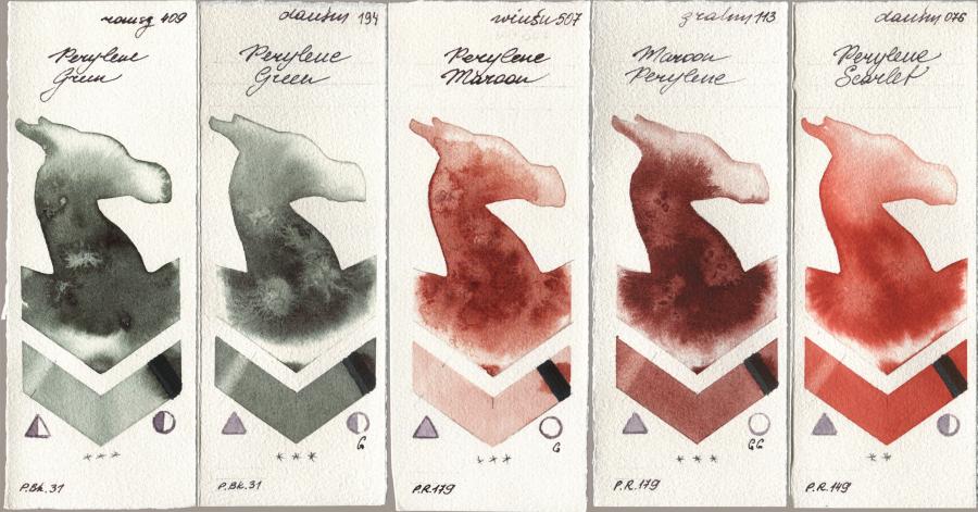 Roman Szmal Aquarius 409 Perylene Green, Daniel Smith 194 Perylene Green, Winsor & Newton Professional 507 Perylene Maroon, M. Graham & Co. Artists 113 Maroon Perylene, 076 Perylene Scarl watercolor swatch