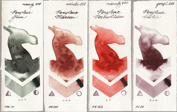 Roman Szmal Aquarius 409 Perylene Green vs Winsor & Newton Professional 507 Perylene Maroon vs 370 Perylene Vermillion vs Golden QOR 635 Perylene Violet watercolor swatch