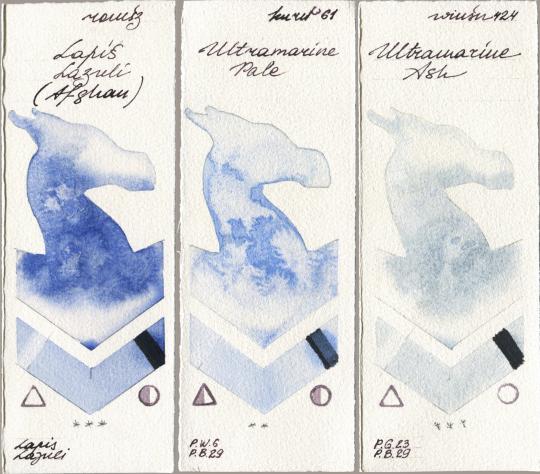 Roman Szmal Aquarius 999 Lapis Lazuli Afghan vs Kuretake Gansai Tambi 061 Ultramatire Pale vs Winsor & Newton Professional 424 Ultramarine Ash watercolor swatch