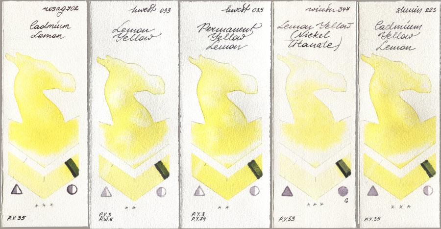 Rosa Gallery 702 Cadmium Lemon, Holbein Artists Watercolor 033 Lemon Yellow, 035 Permanent Yellow Lemon, Winsor & Newton Professional 347 Lemon Yellow (Nickel Titanate), Shminke Horadam Aquarell 223 Cadmium Yellow Lem watercolor swatch