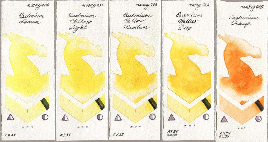 Rosa Gallery 702 Cadmium Lemon vs 731 Cadmium Yellow Light vs 703 Cadmium Yellow Medium vs 732 Cadmium Yellow Deep vs 705 Cadmium Orange watercolor swatch