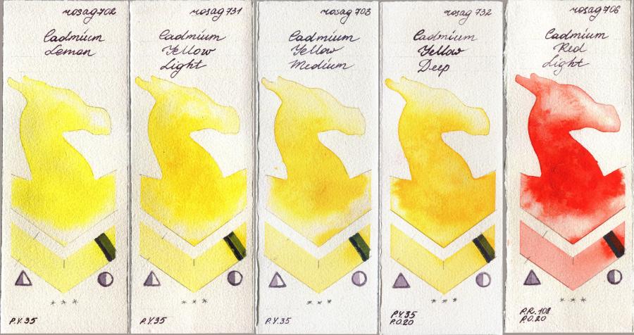Rosa Gallery 702 Cadmium Lemon vs 731 Cadmium Yellow Light vs 703 Cadmium Yellow Medium vs 732 Cadmium Yellow Deep vs 706 Cadmium Red Light watercolor swatch