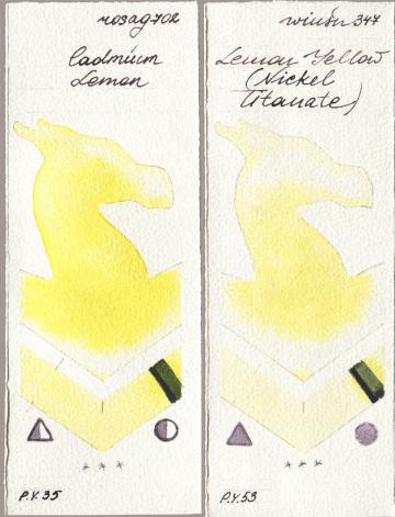 Rosa Gallery 702 Cadmium Lemon vs Winsor & Newton Professional 347 Lemon Yellow (Nickel Titanate) watercolor swatch