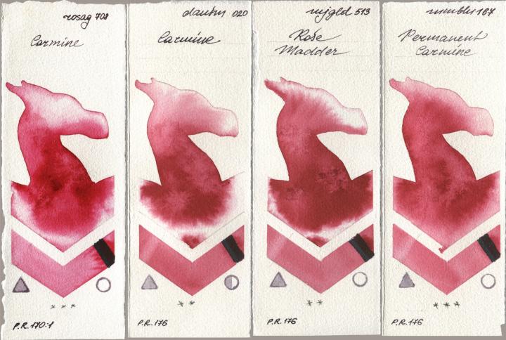 Rosa Gallery 708 Carmine, Daniel Smith 020 Carmine, Mijello Mission Gold 513 Rose Madder, Maimeri Blu 167 Permanent Carmi watercolor swatch