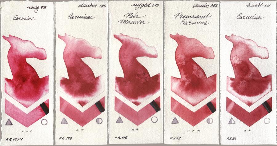 Rosa Gallery 708 Carmine, Daniel Smith 020 Carmine, Mijello Mission Gold 513 Rose Madder, Shminke Horadam Aquarell 353 Permanent Carmine, Holbein Artists Watercolor 011 Carmi watercolor swatch