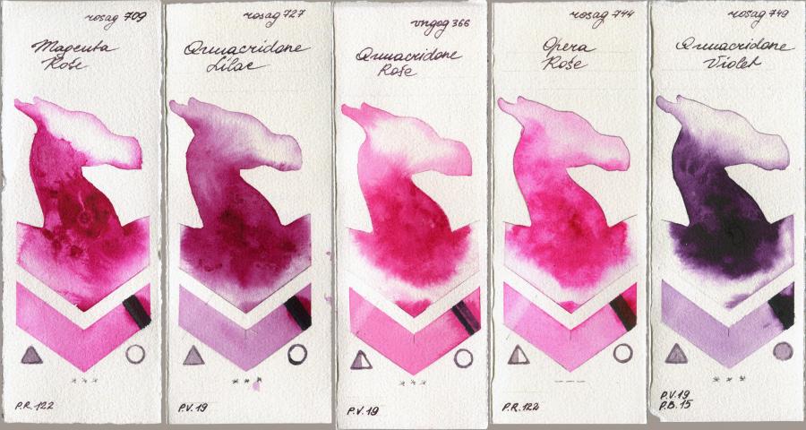 Rosa Gallery 709 Magenta Rose vs 727 Quinacridone Lilac vs Royal Talens Van Gogh Watercolour 366 Quinacridone Rose vs 744 Opera Rose vs 749 Quinacridone Violet watercolor swatch