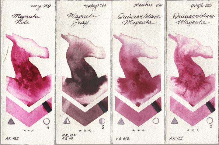 Rosa Gallery 709 Magenta Rose, 764 Magenta Gray, Daniel Smith 090 Quinacridone Magenta, Golden QOR 265 Quinacridone Magen watercolor swatch