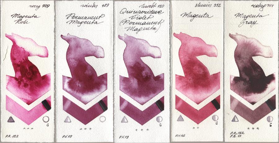 Rosa Gallery 709 Magenta Rose, Winsor & Newton Professional 489 Permanent Magenta, Holbein Artists Watercolor 120 Quinacridone Violet (Permanent Magenta), Shminke Horadam Aquarell 352 Magenta, 764 Magenta Gr watercolor swatch