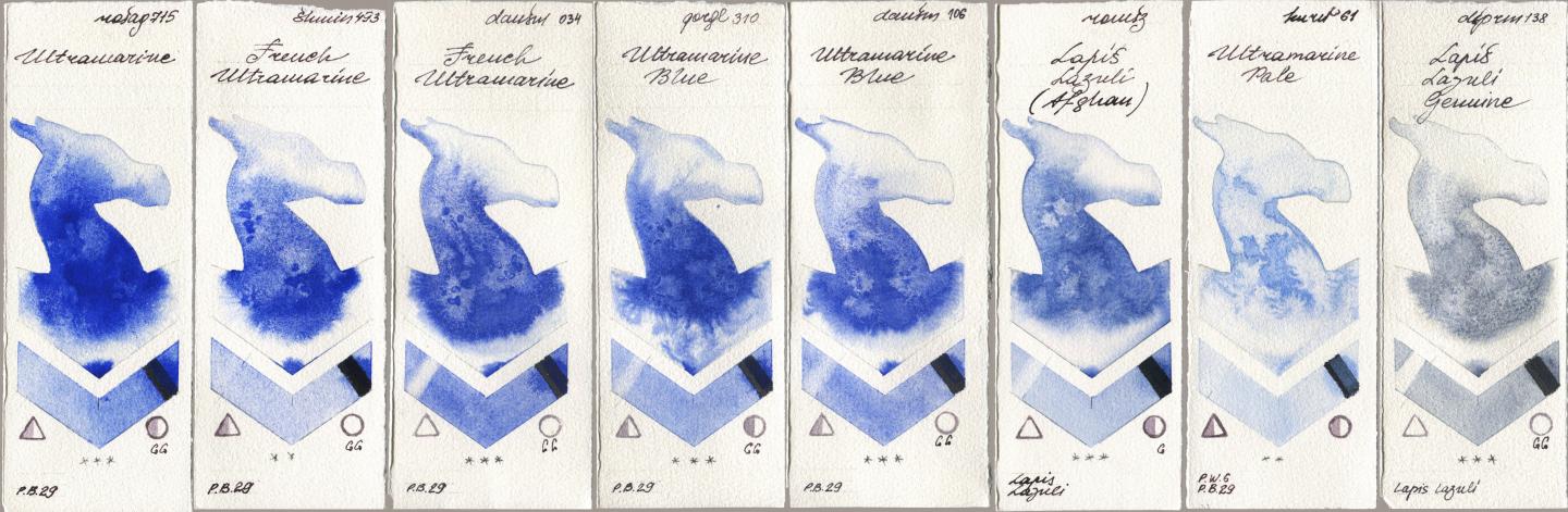 Rosa Gallery 715 Ultramarine, Shminke Horadam Aquarell 493 French Ultramarine, Daniel Smith 034 French Ultramarine, Golden QOR 310 Ultramarine Blue, 106 Ultramarine Blue, Roman Szmal Aquarius 999 Lapis Lazuli Afghan, Kuretake Gansai Tambi 061 Ultramarine Pale, 138 Lapis Lazuli Genui watercolor swatch