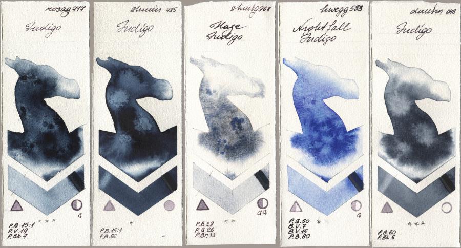 Rosa Gallery 717 Indigo, Shminke Horadam Aquarell 485 Indigo, 968 Haze Indigo, Holbein Artists Watercolor 533 Nightfall Indigo, Daniel Smith 046 Indi watercolor swatch