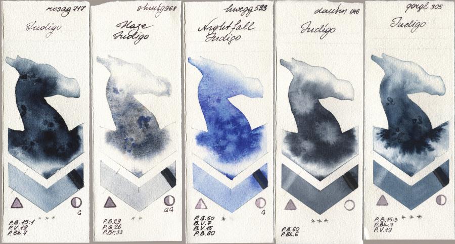 Rosa Gallery 717 Indigo, Shminke Horadam Aquarell 968 Haze Indigo, Holbein Artists Watercolor 533 Nightfall Indigo, Daniel Smith 046 Indigo, Golden QOR 305 Indi watercolor swatch