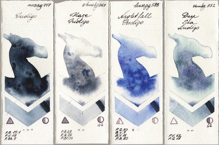 Rosa Gallery 717 Indigo vs Shminke Horadam Aquarell 968 Haze Indigo vs Holbein Artists Watercolor 533 Nightfall Indigo vs 952 Deep Sea Indigo watercolor swatch