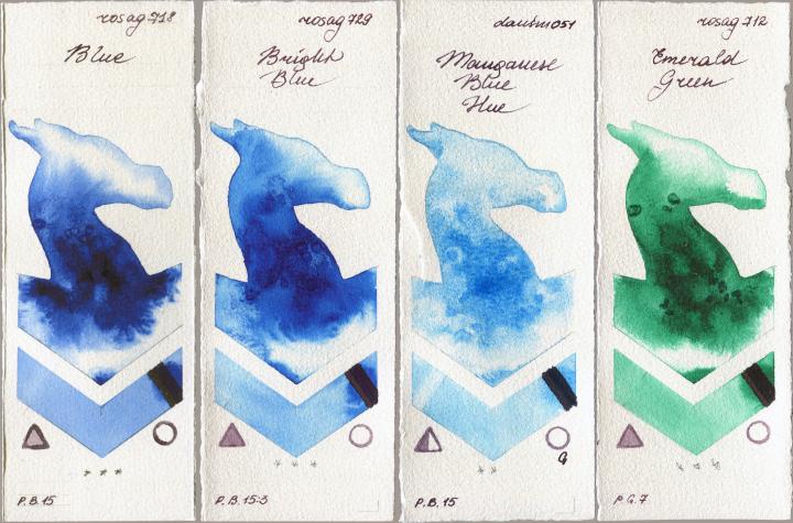 Rosa Gallery 718 Blue vs 729 Bright Blue vs Daniel Smith 051 Manganese Blue Hue vs 712 Emerald Green watercolor swatch