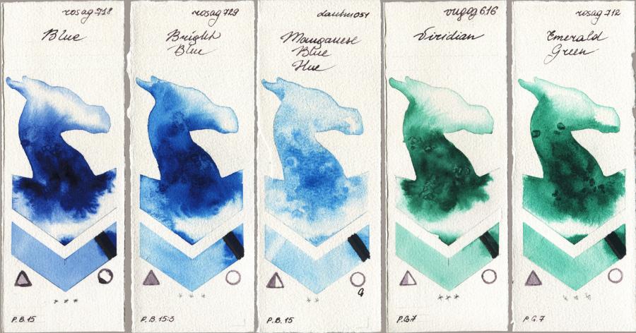 Rosa Gallery 718 Blue vs 729 Bright Blue vs Daniel Smith 051 Manganese Blue Hue vs Royal Talens Van Gogh Watercolour 616 Viridian vs 712 Emerald Green watercolor swatch