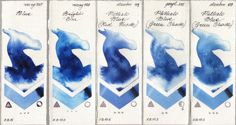 Rosa Gallery 718 Blue, 729 Bright Blue, Daniel Smith 119 Phthalo Blue (Red Shade), Golden QOR 345 Phthalo Blue (Green Shade), 077 Phthalo Blue (Green Shad watercolor swatch