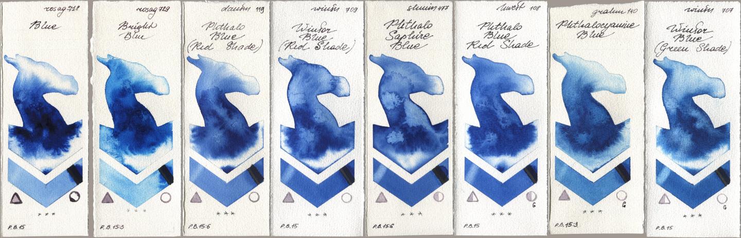 Rosa Gallery 718 Blue, 729 Bright Blue, Daniel Smith 119 Phthalo Blue (Red Shade), Winsor & Newton Professional 709 Winsor Blue (Red Shade), Shminke Horadam Aquarell 477 Phthalo Saphire Blue, Holbein Artists Watercolor 108 Phthalo Blue Red Shade, M. Graham & Co. Artists 140 Phthalocyanine Blue, 707 Winsor Blue (Green Shad watercolor swatch