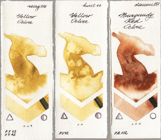 Rosa Gallery 719 Yellow Ochre vs Kuretake Gansai Tambi 044 Yellow Ochre vs Daniel Smith 151 Burgundy Red Ochre watercolor swatch