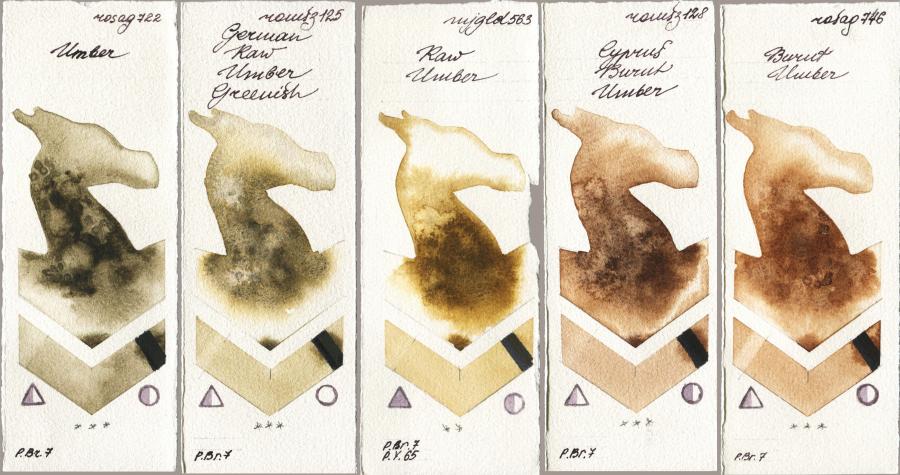 Rosa Gallery 722 Umber vs Roman Szmal Aquarius 125 German Raw Umber Greenish vs Mijello Mission Gold 563 Raw Umber vs 128 Cyprus Burnt Umber vs 746 Burnt Umber watercolor swatch