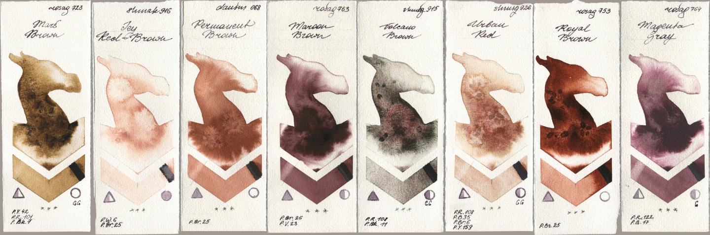 Rosa Gallery 723 Mars Brown, Shminke Akademie Aquarell 916 Icy Red-Brown, Daniel Smith 068 Permanent Brown, 763 Maroon Brown, Shminke Horadam Aquarell 915 Volcano Brown, 926 Urban Red, 753 Royal Brown, 764 Magenta Gr watercolor swatch