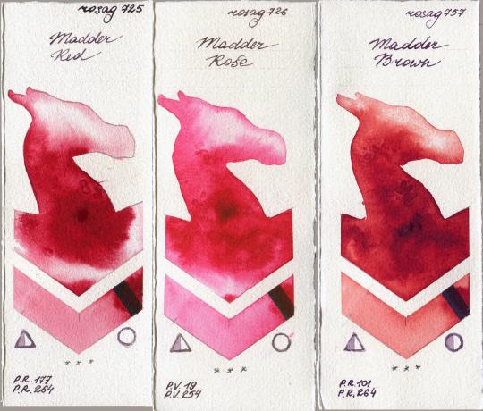Rosa Gallery 725 Madder Red vs 726 Madder Rose vs 757 Madder Brown watercolor swatch