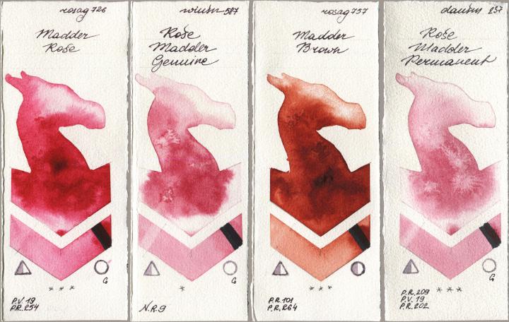 Rosa Gallery 726 Madder Rose, Winsor & Newton Professional 587 Rose Madder Genuine, 757 Madder Brown, Daniel Smith 237 Rose Madder Permane watercolor swatch