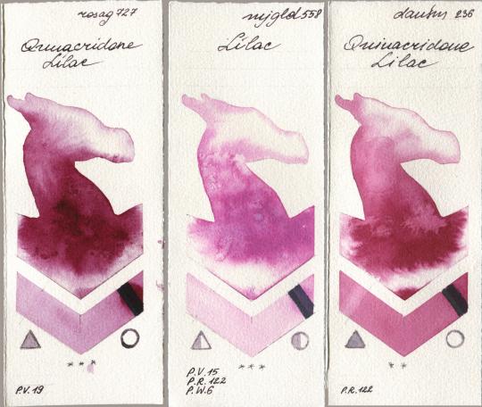 Rosa Gallery 727 Quinacridone Lilac, Mijello Mission Gold 558 Lilac, Daniel Smith 236 Quinacridone Lil watercolor swatch