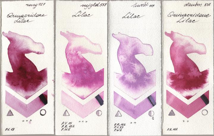 Rosa Gallery 727 Quinacridone Lilac, Mijello Mission Gold 558 Lilac, Holbein Artists Watercolor 117 Lilac, Daniel Smith 236 Quinacridone Lil watercolor swatch
