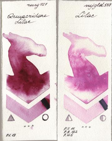 Rosa Gallery 727 Quinacridone Lilac vs Mijello Mission Gold 558 Lilac watercolor swatch