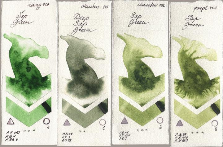 Rosa Gallery 728 Sap Green, Daniel Smith 175 Deep Sap Green, 102 Sap Green, Golden QOR 400 Sap Gre watercolor swatch