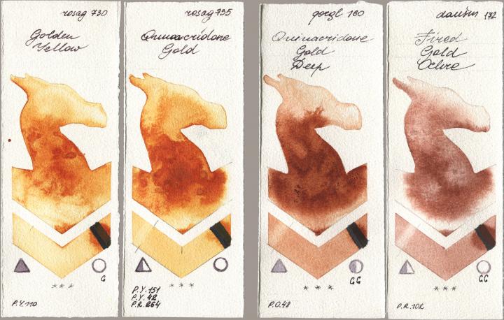 Rosa Gallery 730 Golden Yellow, 735 Quinacridone Gold, Golden QOR 160 Quinacridone Gold Deep, Daniel Smith 172 Fired Gold Och watercolor swatch