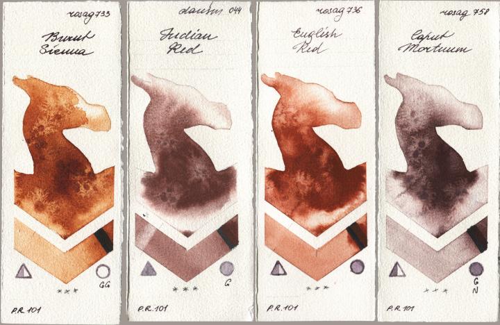 Rosa Gallery 733 Burnt Sienna, Daniel Smith 044 Indian Red, 736 English Red, 758 Caput Mortu watercolor swatch