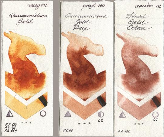 Rosa Gallery 735 Quinacridone Gold, Golden QOR 160 Quinacridone Gold Deep, Daniel Smith 172 Fired Gold Och watercolor swatch