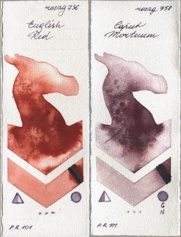 Rosa Gallery 736 English Red vs 758 Caput Mortuum watercolor swatch