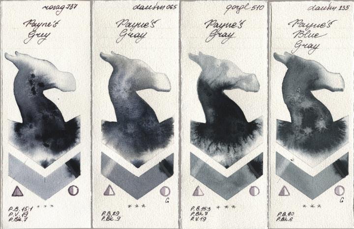 Rosa Gallery 737 Paynes Grey, Daniel Smith 065 Paynes Gray, Golden QOR 510 Paynes Gray, 235 Paynes Blue Gr watercolor swatch