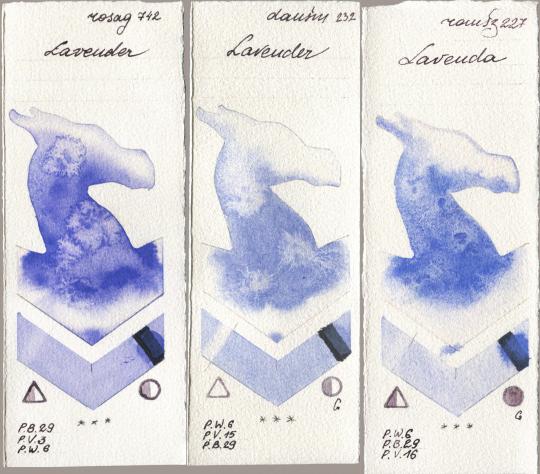 Rosa Gallery 742 Lavender, Daniel Smith 232 Lavender, Roman Szmal Aquarius 227 Laven watercolor swatch