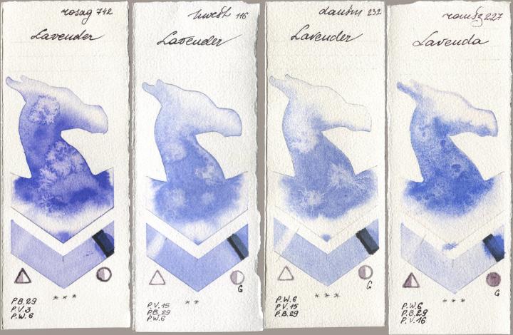 Rosa Gallery 742 Lavender, Holbein Artists Watercolor 116 Lavender, Daniel Smith 232 Lavender, Roman Szmal Aquarius 227 Laven watercolor swatch
