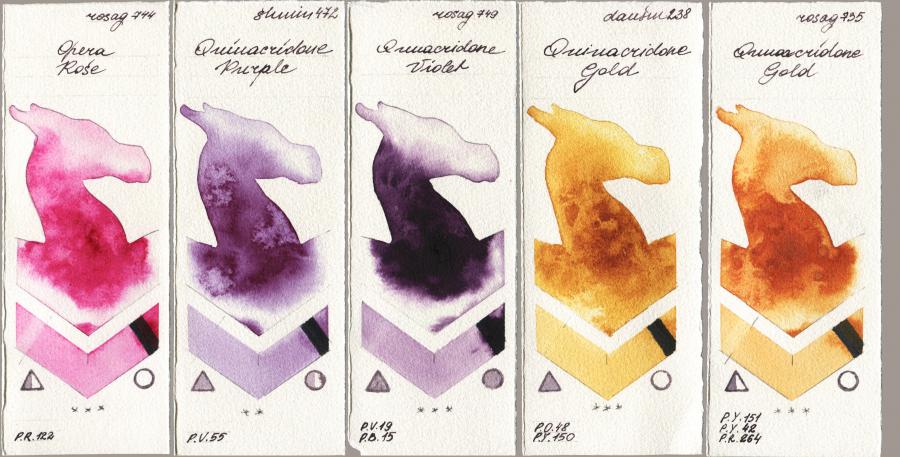Rosa Gallery 744 Opera Rose vs Shminke Horadam Aquarell 472 Quinacridone Purple vs 749 Quinacridone Violet vs Daniel Smith 238 Quinacridone Gold vs 735 Quinacridone Gold watercolor swatch