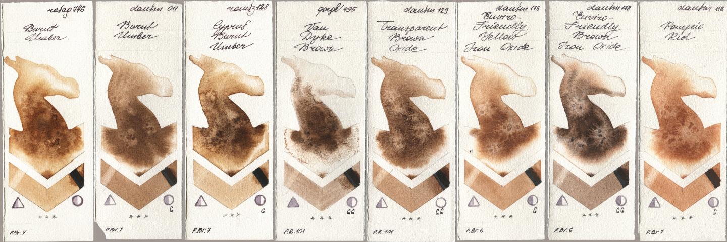 Rosa Gallery 746 Burnt Umber, Daniel Smith 011 Burnt Umber, Roman Szmal Aquarius 128 Cyprus Burnt Umber, Golden QOR 495 Van Dyke Brown, 129 Transparent Brown Oxide, 176 Enviro-Friendly Yellow Iron Oxide, 178 Enviro-Friendly Brown Iron Oxide, 116 Pompeii R watercolor swatch