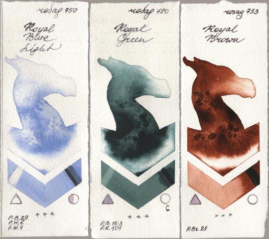 Rosa Gallery 750 Royal Blue Light, 780 Royal Green, 753 Royal Bro watercolor swatch