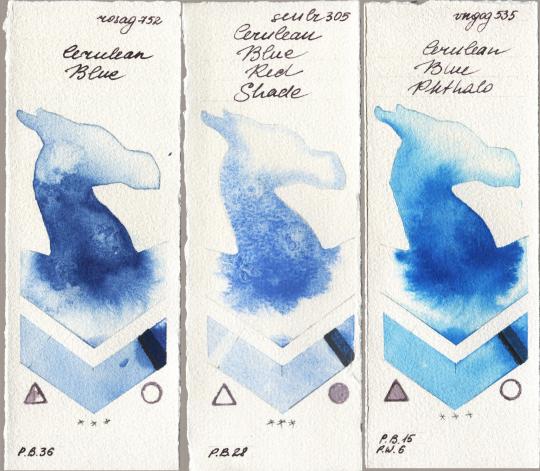 Rosa Gallery 752 Cerulean Blue vs Sennelier l Aquarelle 305 Cerulean Blue Red Shade vs Royal Talens Van Gogh Watercolour 535 Cerulean Blue Phthalo watercolor swatch