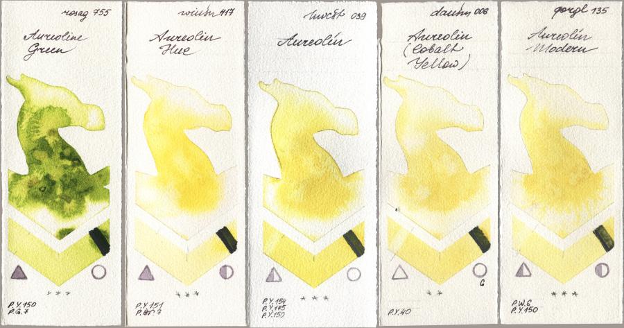 Rosa Gallery 755 Aureoline Green, Winsor & Newton Professional 417 Aureolin Hue, Holbein Artists Watercolor 039 Aureolin, Daniel Smith 006 Aureolin (Cobalt Yellow), Golden QOR 135 Aureolin Mode watercolor swatch