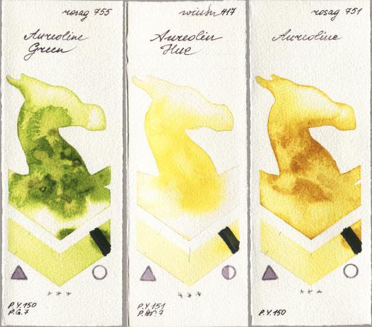 Rosa Gallery 755 Aureoline Green vs Winsor & Newton Professional 417 Aureolin Hue vs 751 Aureoline watercolor swatch