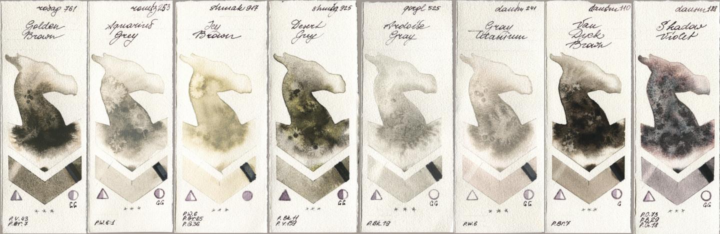 Rosa Gallery 761 Golden Brown, Roman Szmal Aquarius 253 Aquarius Grey, Shminke Akademie Aquarell 917 Icy Brown, Shminke Horadam Aquarell 925 Desert Grey, Golden QOR 525 Ardoise Gray, Daniel Smith 241 Gray Titanium, 110 Van Dyck Brown, 188 Shadow Viol watercolor swatch