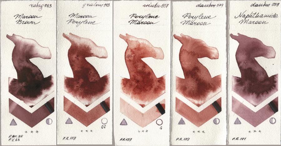 Rosa Gallery 763 Maroon Brown, M. Graham & Co. Artists 113 Maroon Perylene, Winsor & Newton Professional 507 Perylene Maroon, Daniel Smith 074 Perylene Maroon, 059 Naphthamide Maro watercolor swatch