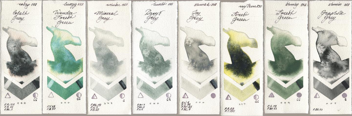 Rosa Gallery 768 Cobalt Gray, Holbein Artists Watercolor 523 Wonder Forest Green, Winsor & Newton Professional 427 Mineral Grey, 155 Davys Grey, Shminke Akademie Aquarell 918 Icy Grey, Mijello Mission Gold 830 Forest Green, Shminke Horadam Aquarell 942 Forest Green, 788 Graphite Gr watercolor swatch