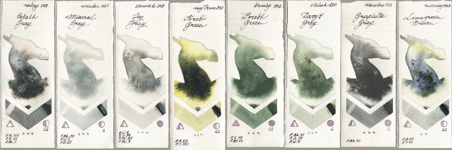 Rosa Gallery 768 Cobalt Gray, Winsor & Newton Professional 427 Mineral Grey, Shminke Akademie Aquarell 918 Icy Grey, Mijello Mission Gold 830 Forest Green, Shminke Horadam Aquarell 942 Forest Green, Shinhan PWC 690 Davys Grey, Daniel Smith 038 Graphite Gray, Rockwell 143 Limugreen Bro watercolor swatch