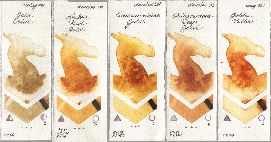 Rosa Gallery 772 Gold Ochre, Daniel Smith 234 Aussie Red Gold, 238 Quinacridone Gold, 152 Quinacridone Deep Gold, 730 Golden Yell watercolor swatch