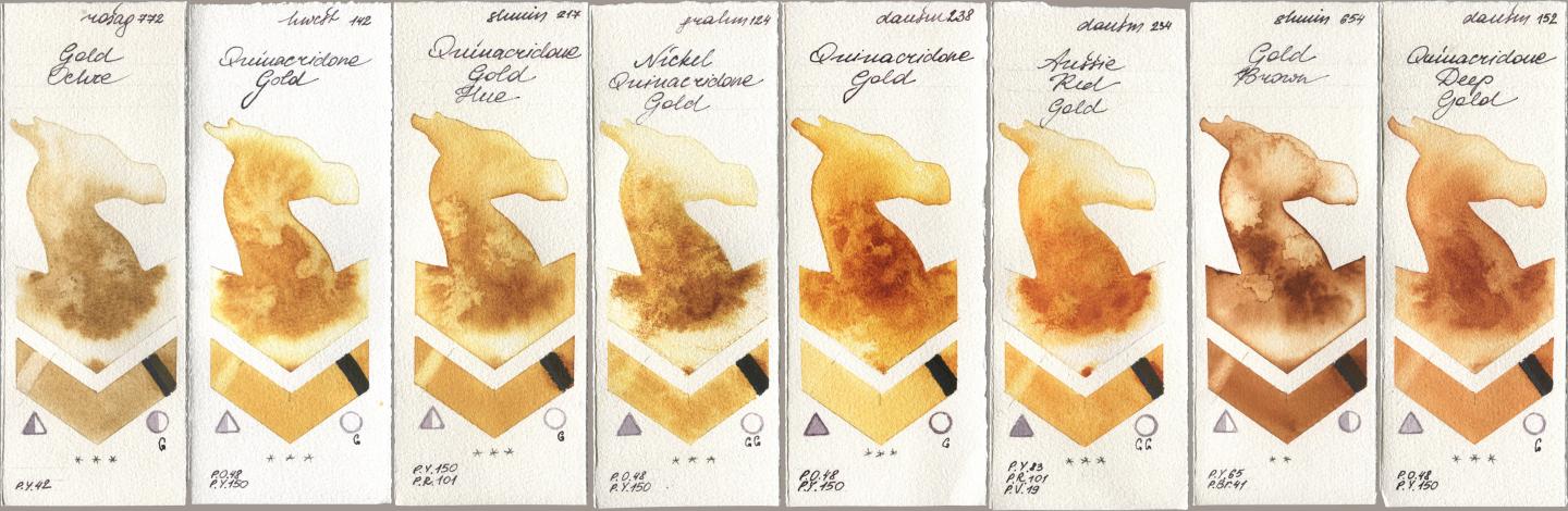 Rosa Gallery 772 Gold Ochre, Holbein Artists Watercolor 142 Quinacridone Gold, Shminke Horadam Aquarell 217 Quinacridone Gold Hue, M. Graham & Co. Artists 124 Nickel Quinacridone Gold, Daniel Smith 238 Quinacridone Gold, 234 Aussie Red Gold, 654 Gold Brown, 152 Quinacridone Deep Go watercolor swatch