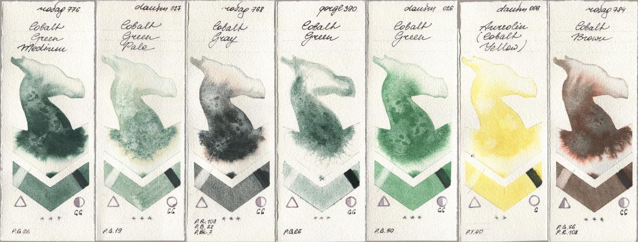 Rosa Gallery 776 Cobalt Green Medium, Daniel Smith 027 Cobalt Green Pale, 768 Cobalt Gray, Golden QOR 390 Cobalt Green, 026 Cobalt Green, 006 Aureolin (Cobalt Yellow), 784 Cobalt Bro watercolor swatch