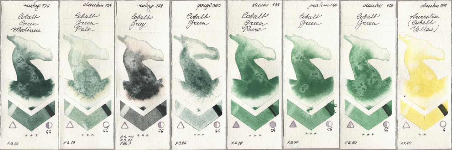 Rosa Gallery 776 Cobalt Green Medium, Daniel Smith 027 Cobalt Green Pale, 768 Cobalt Gray, Golden QOR 390 Cobalt Green, Shminke Horadam Aquarell 535 Cobalt Green Pure, M. Graham & Co. Artists 095 Cobalt Green, 026 Cobalt Green, 006 Aureolin (Cobalt Yello watercolor swatch